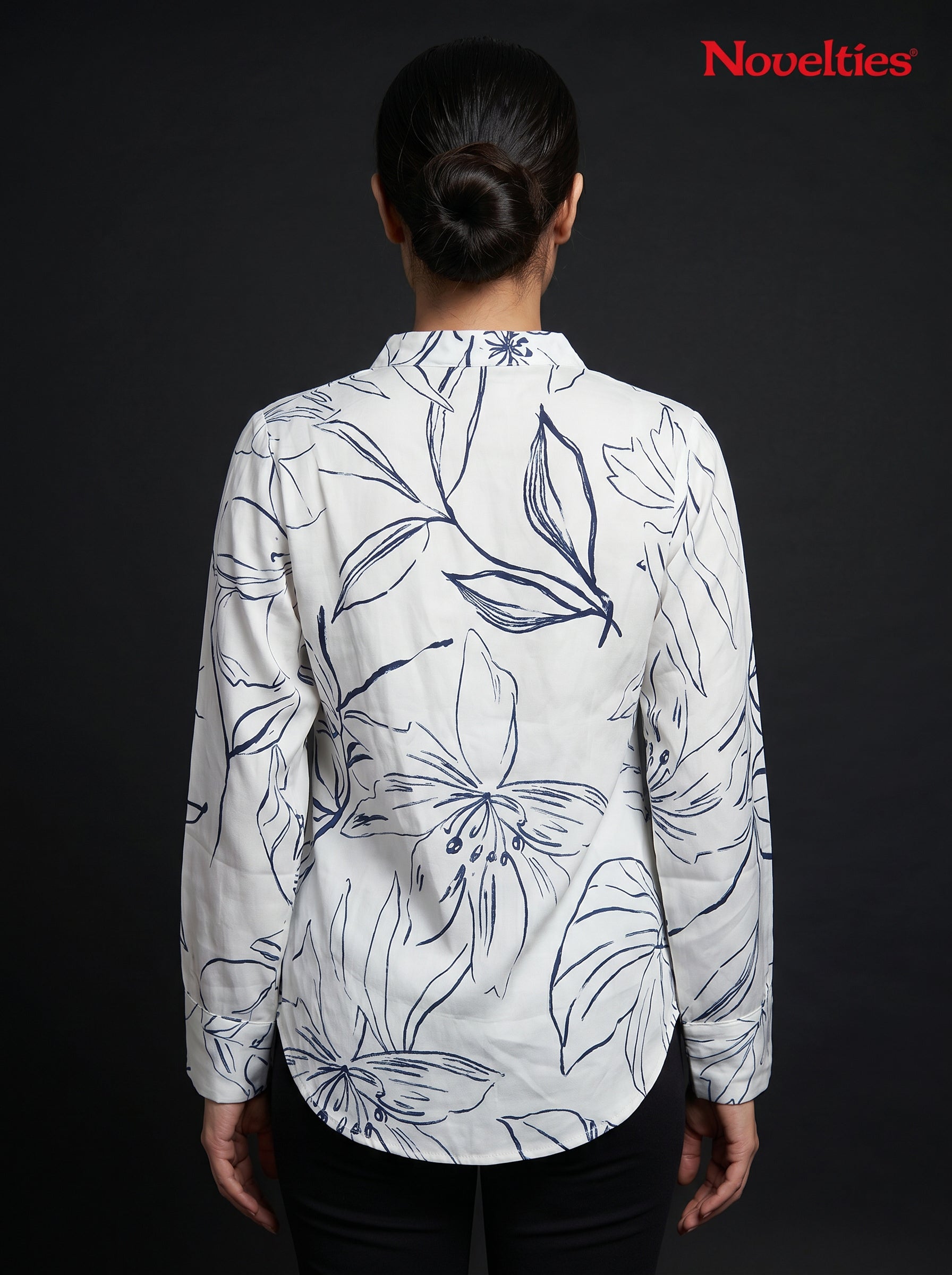 Botanical Sketch Print V-Neck Top with Pearl Brooch
