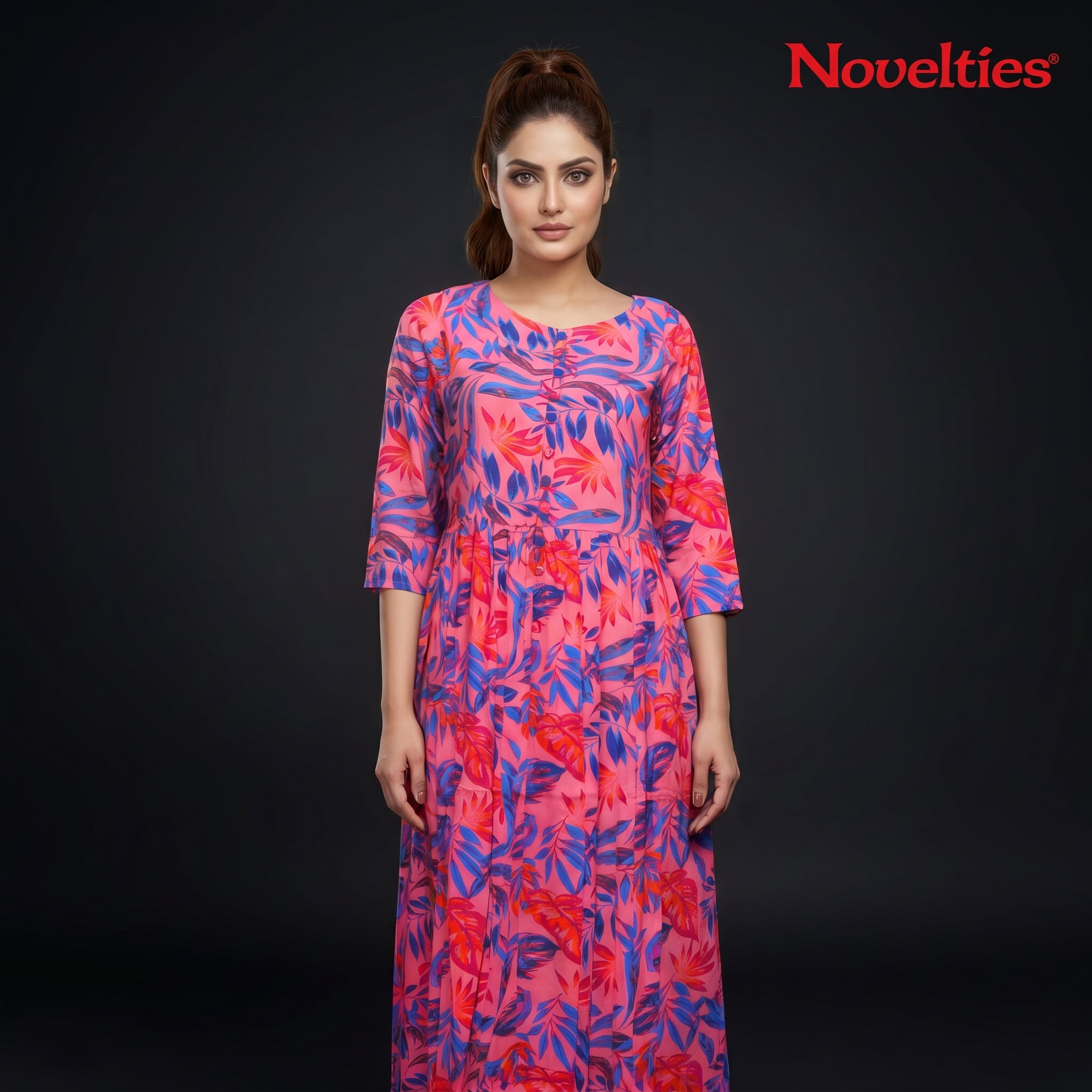 Coral Tropical Leaf Print Maxi Dress
