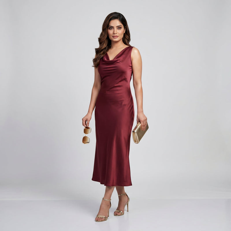 Wine Satin Cowl Neck Midi Dress
