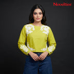 Lime Green Appliqué Embroidered Full Sleeve Crop Top