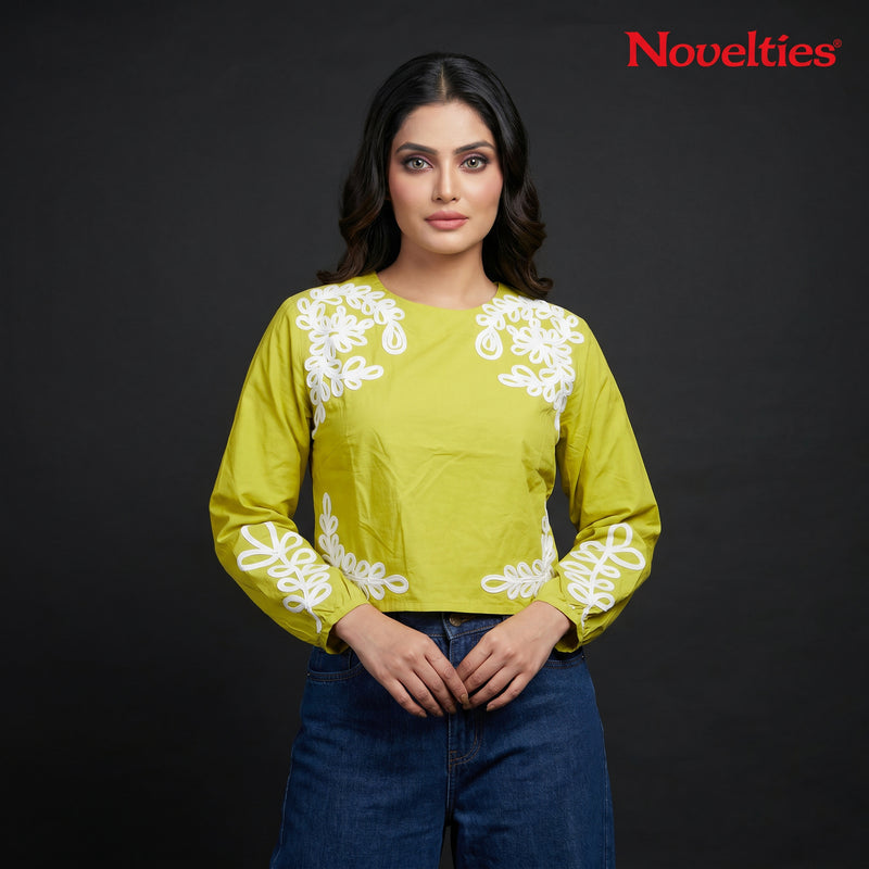 Lime Green Appliqué Embroidered Full Sleeve Crop Top