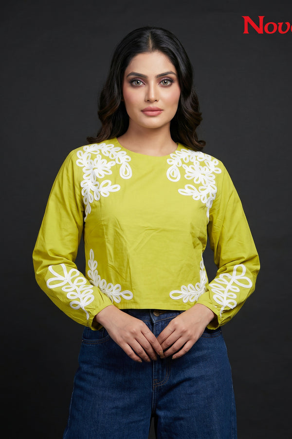 Lime Green Appliqué Embroidered Full Sleeve Crop Top