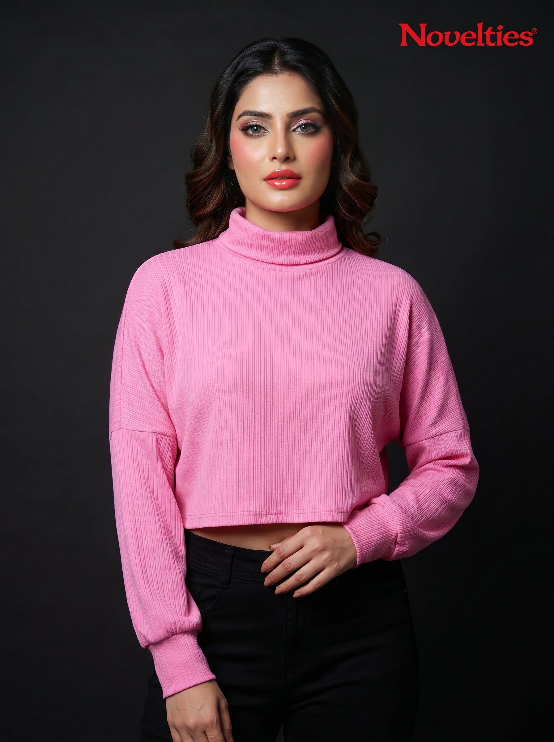 Pink Ribbed Turtleneck Crop Top