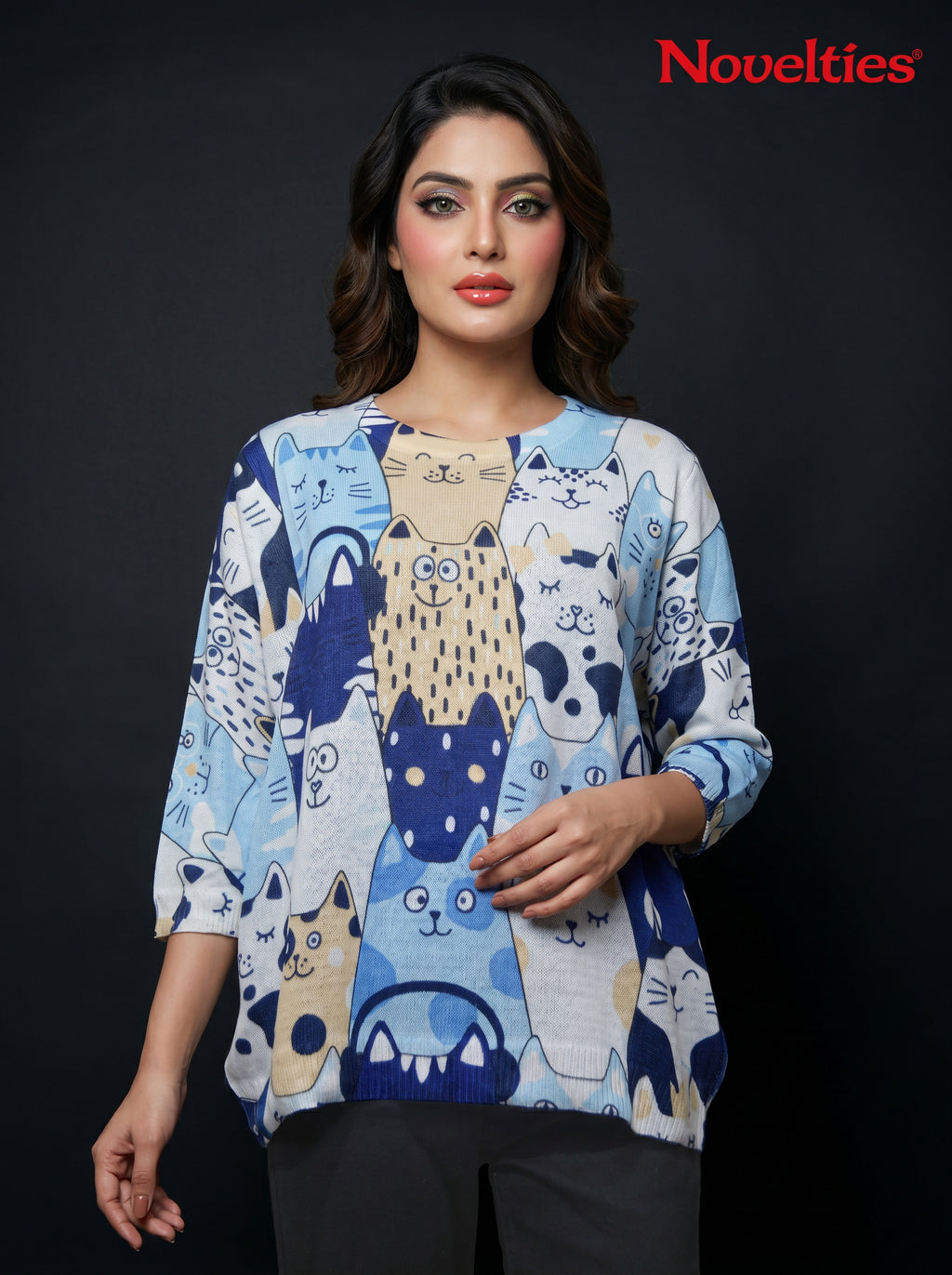 Whimsical Cat Cartoon Print Round Neck Relaxed Top