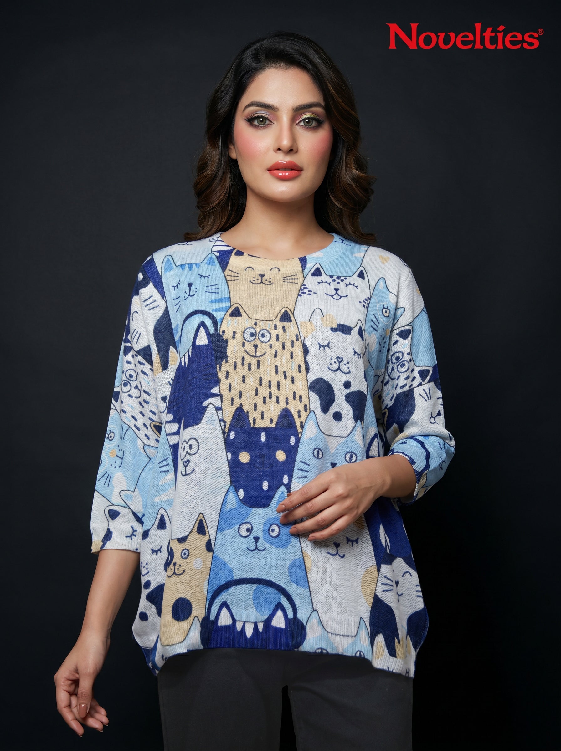 Whimsical Cat Cartoon Print Round Neck Relaxed Top