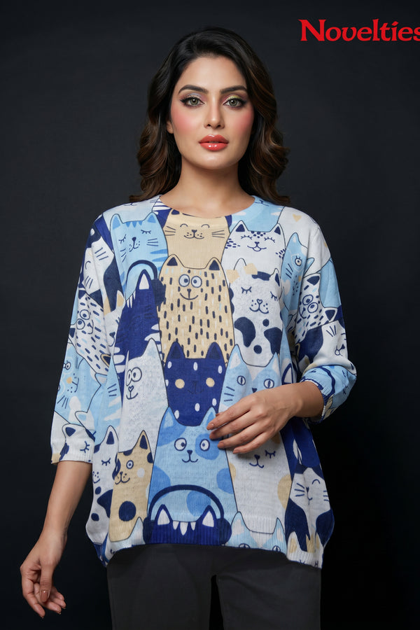 Whimsical Cat Cartoon Print Round Neck Relaxed Top