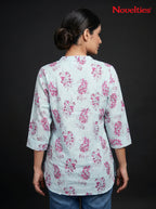 Floral Bouquet Print Mandarin Neck Tunic Top