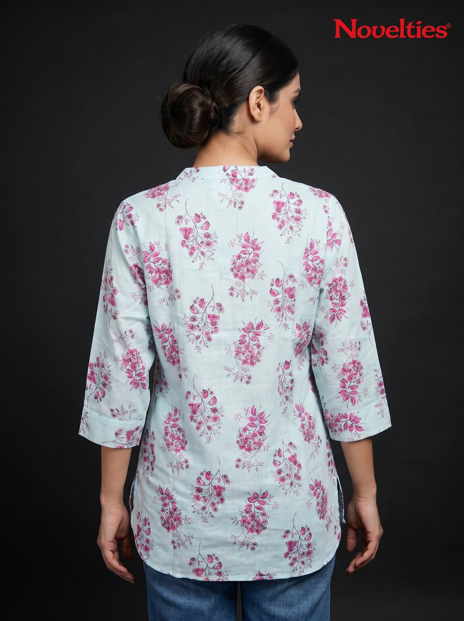 Floral Bouquet Print Mandarin Neck Tunic Top
