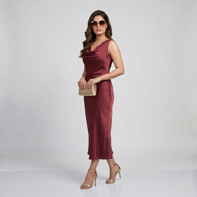 Wine Satin Cowl Neck Midi Dress