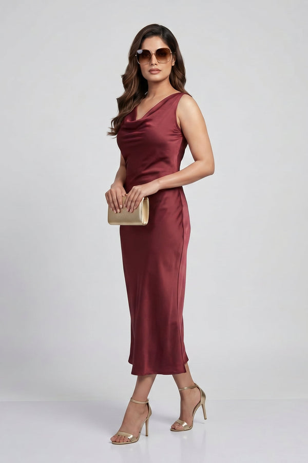 Wine Satin Cowl Neck Midi Dress