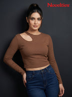 Ribbed Shoulder Cutout Crew Neck Cropped Long Sleeve Top