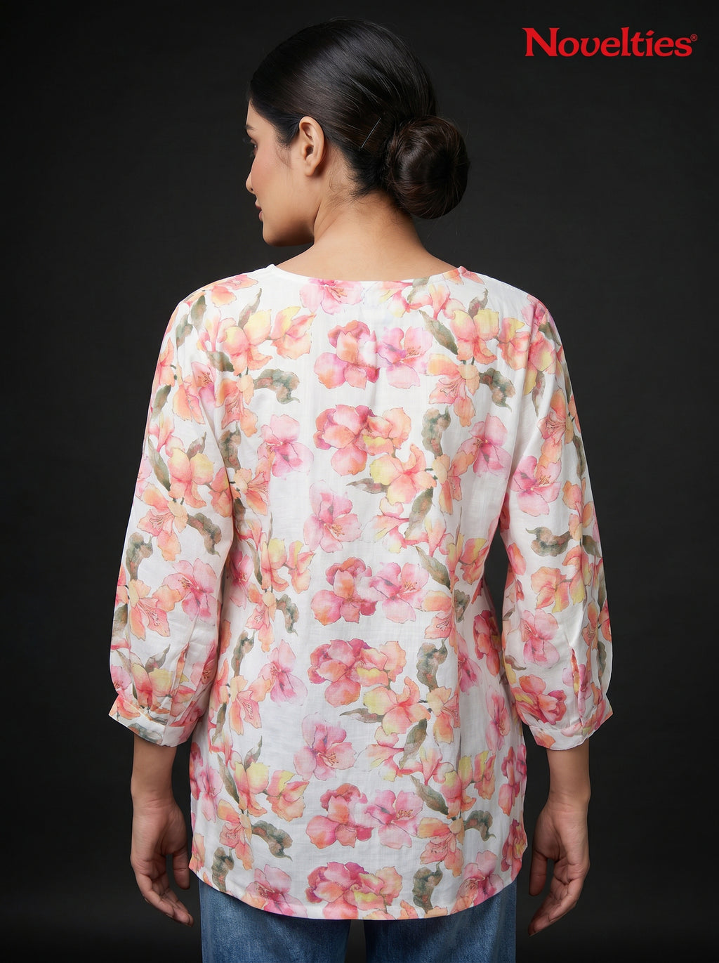Watercolour Floral Print Round Neck Peplum Top