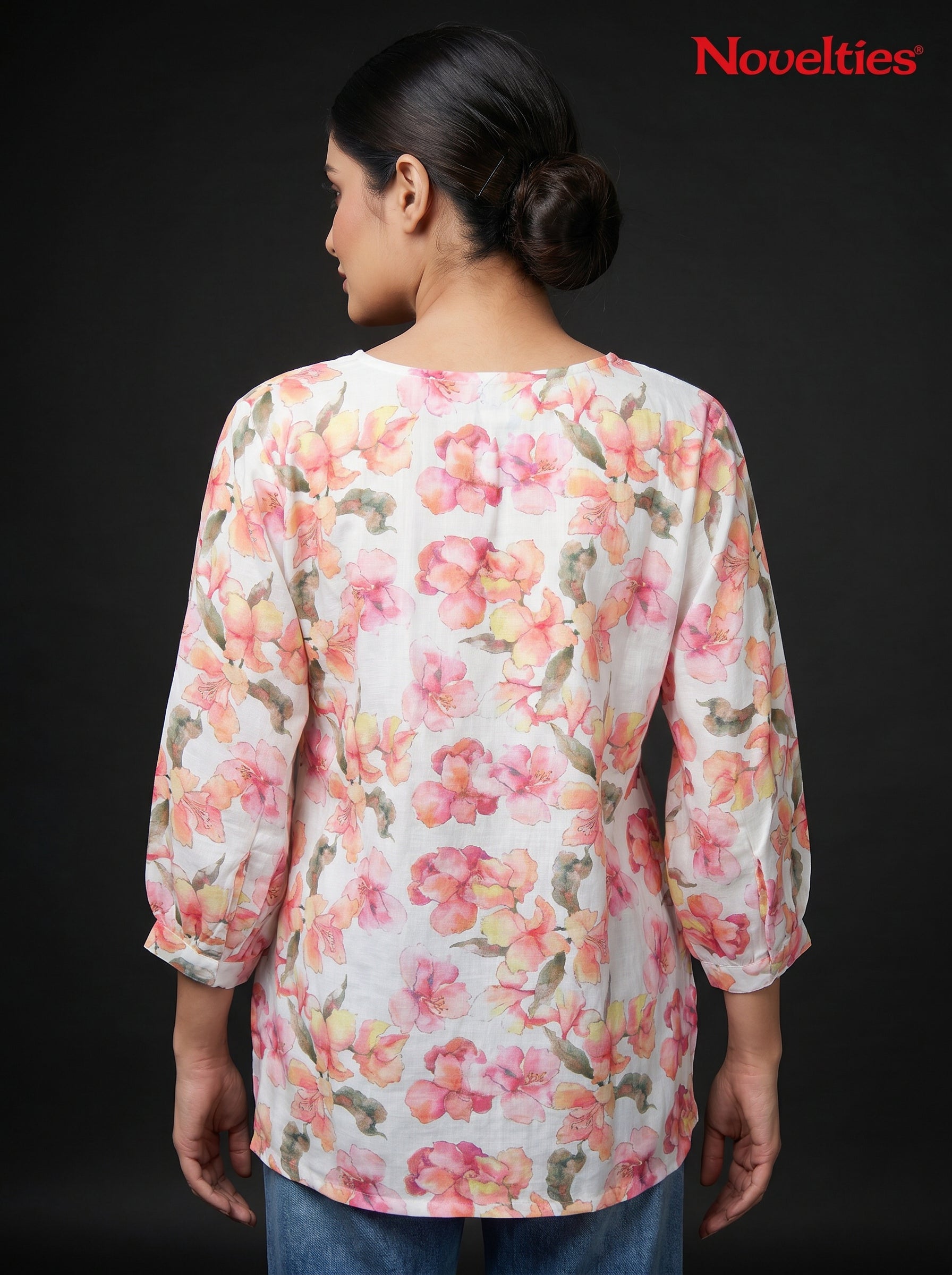 Watercolour Floral Print Round Neck Peplum Top