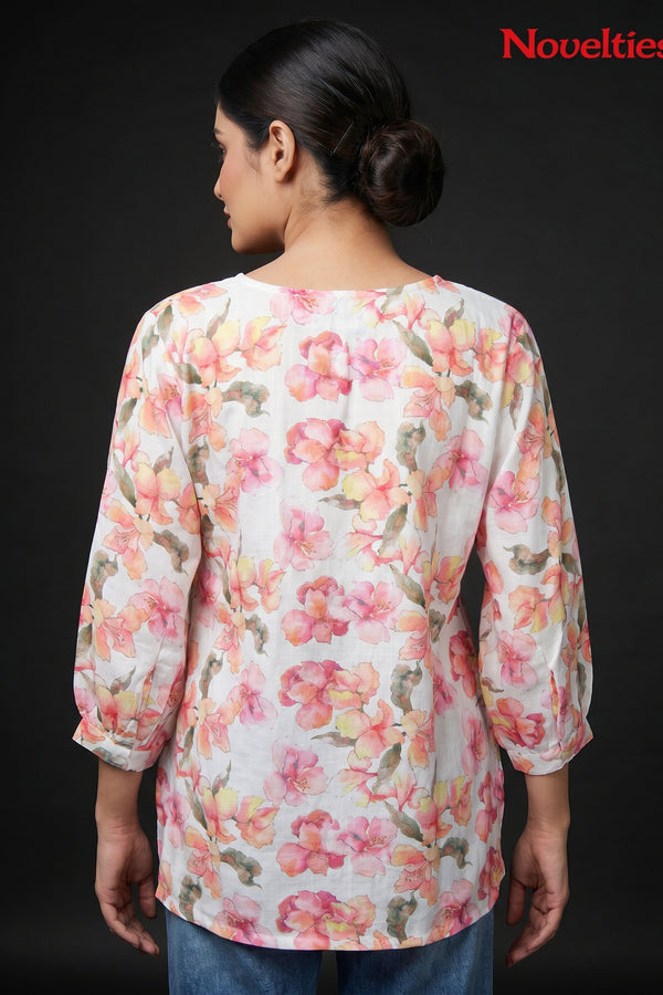 Watercolour Floral Print Round Neck Peplum Top