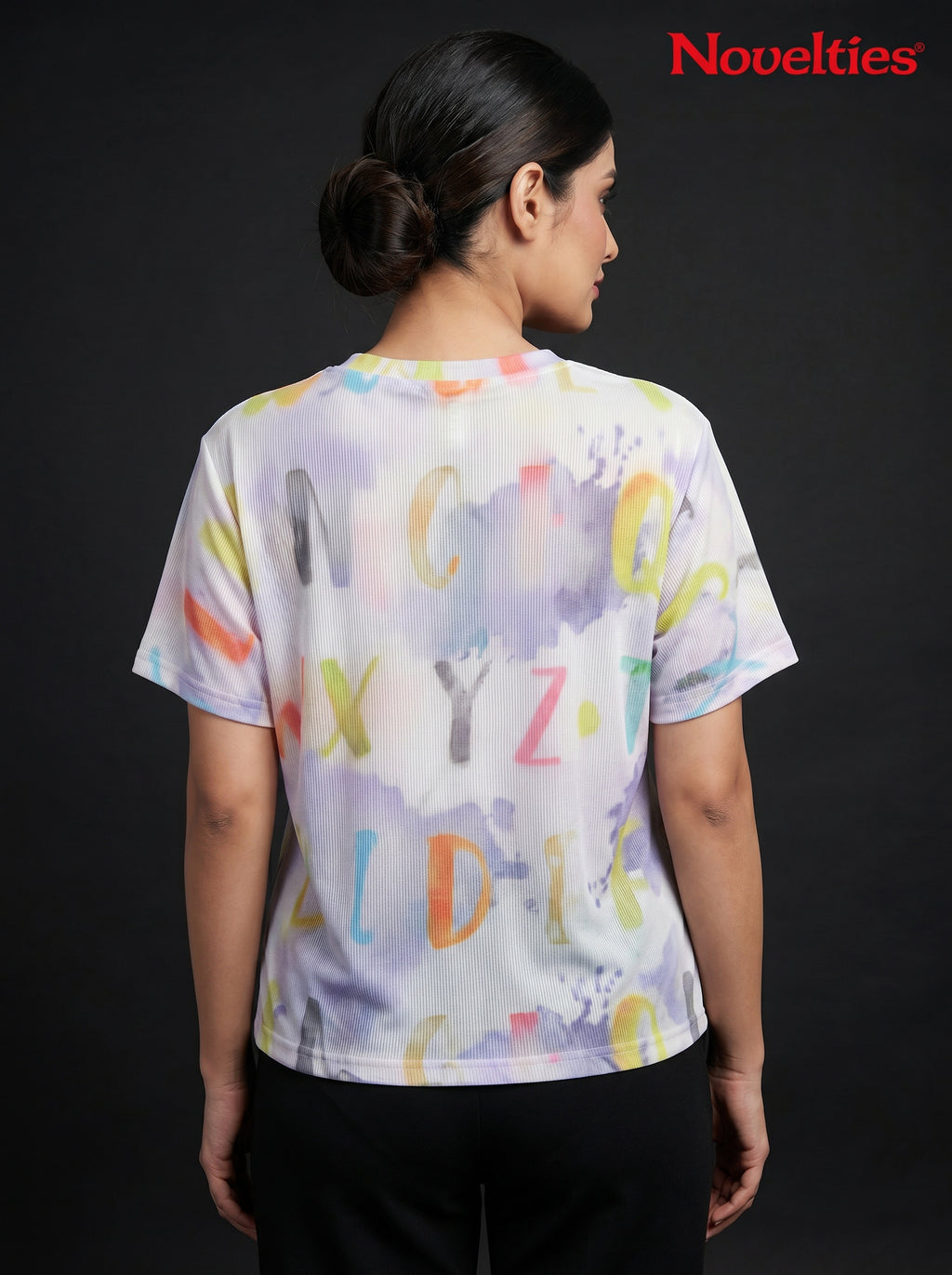 Alphabet Watercolour Print Asymmetric Hem Mesh Top