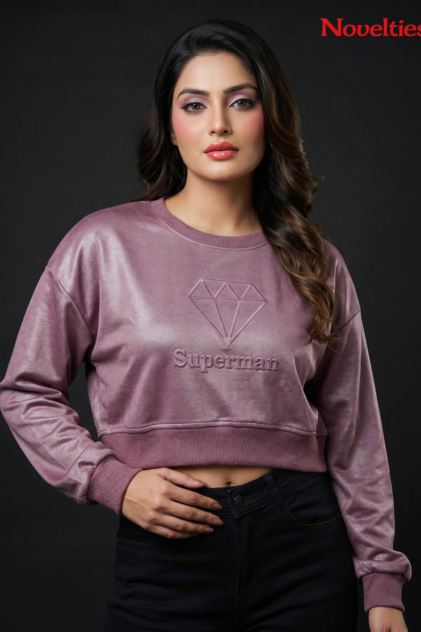 Satin Finish Diamond Graphic Cropped Sweatshirt