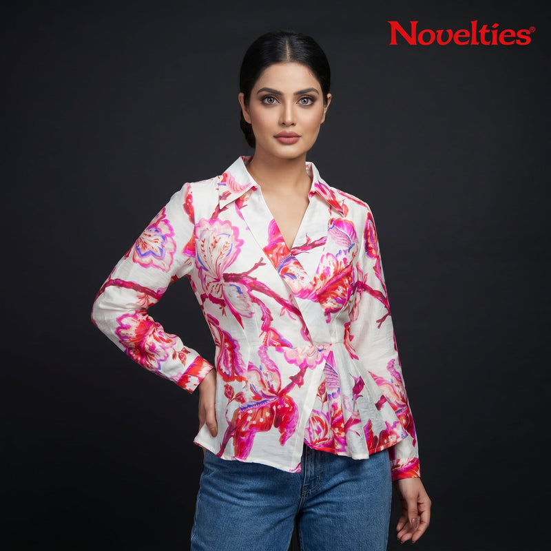 White Floral Print Wrap Top
