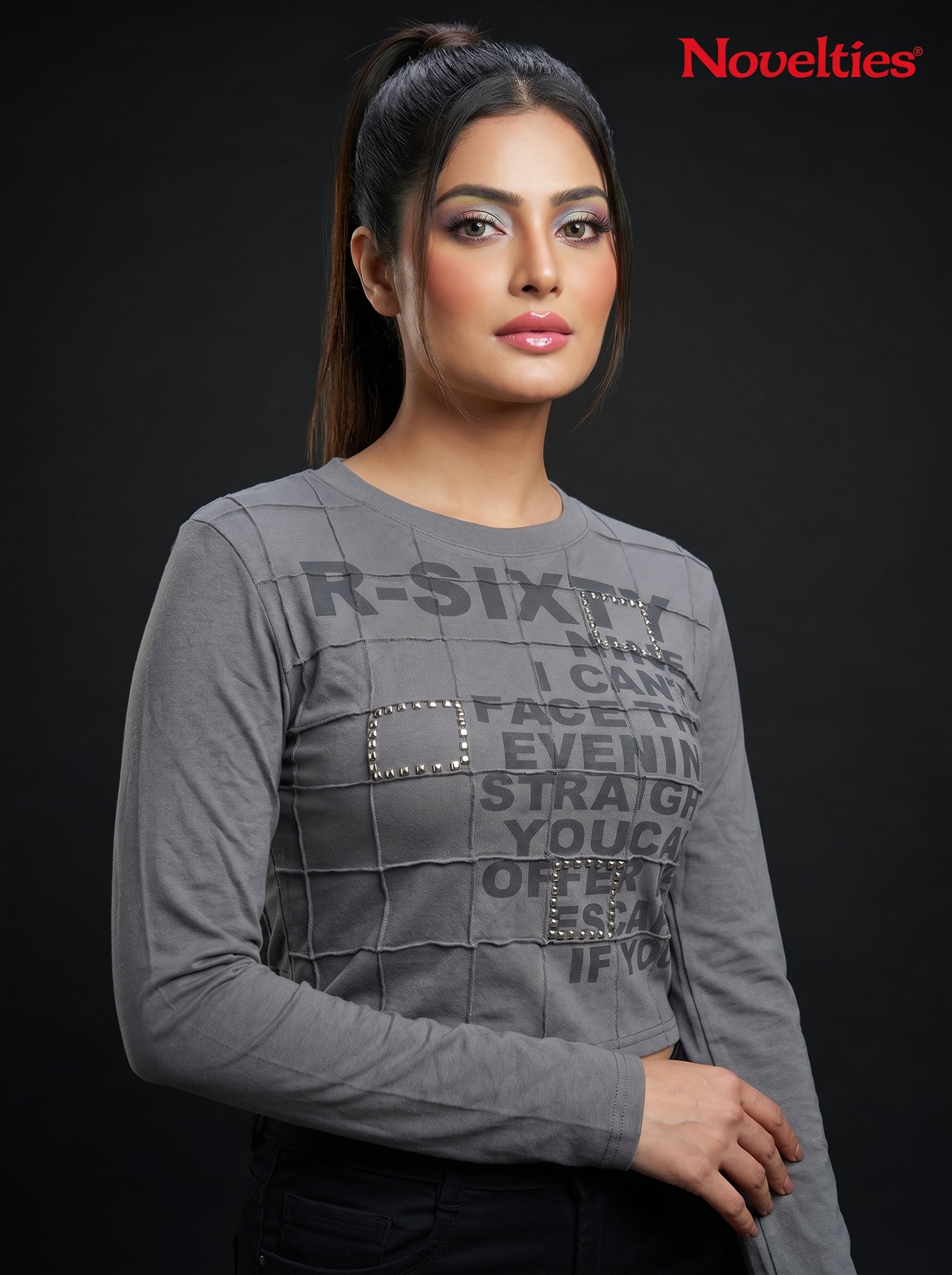Typographic Print Stone-Embellished Patchwork Crop Top