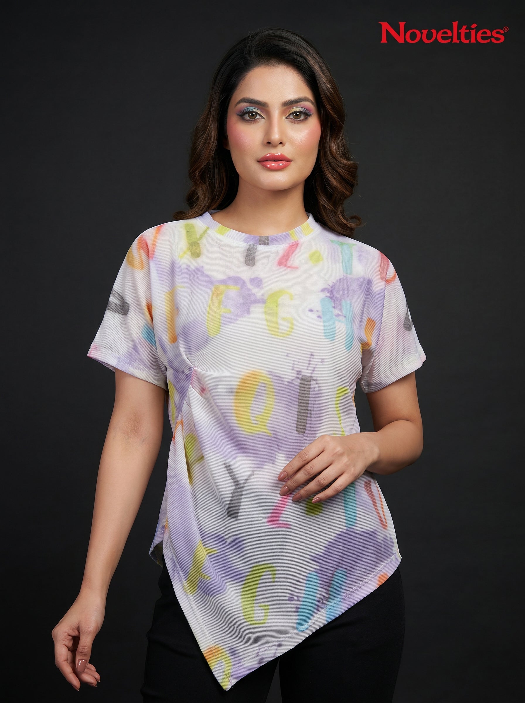 Alphabet Watercolour Print Asymmetric Hem Mesh Top