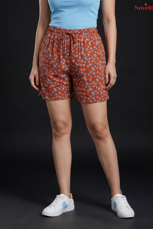 Rust Floral Print Shorts