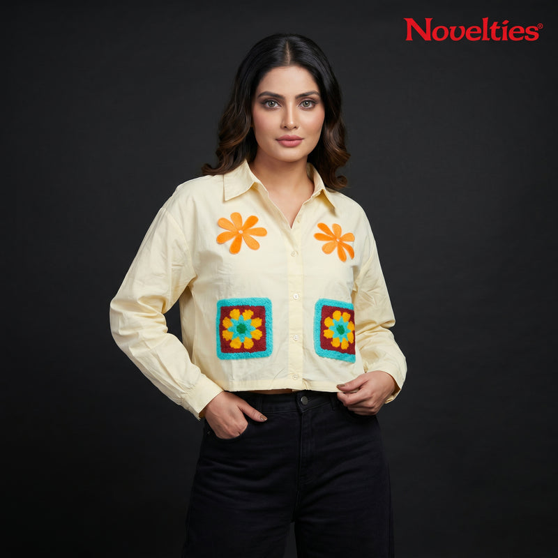 Butter Yellow Crochet Granny Square Patch Crop Shirt