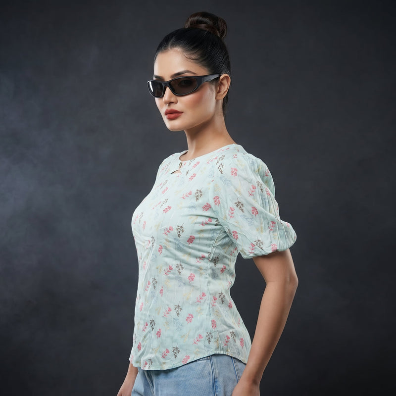 Mint Garden Puff Sleeve Top