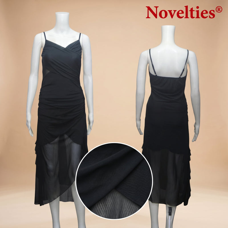 Black Ruched Mesh Spaghetti Strap Midi Dress with Sheer Ruffle Hem