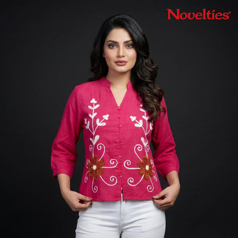Fuchsia Floral Embroidered Cotton Top