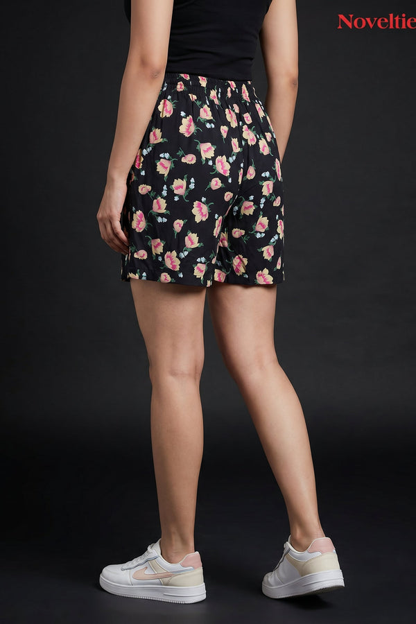 Black Floral Print Shorts