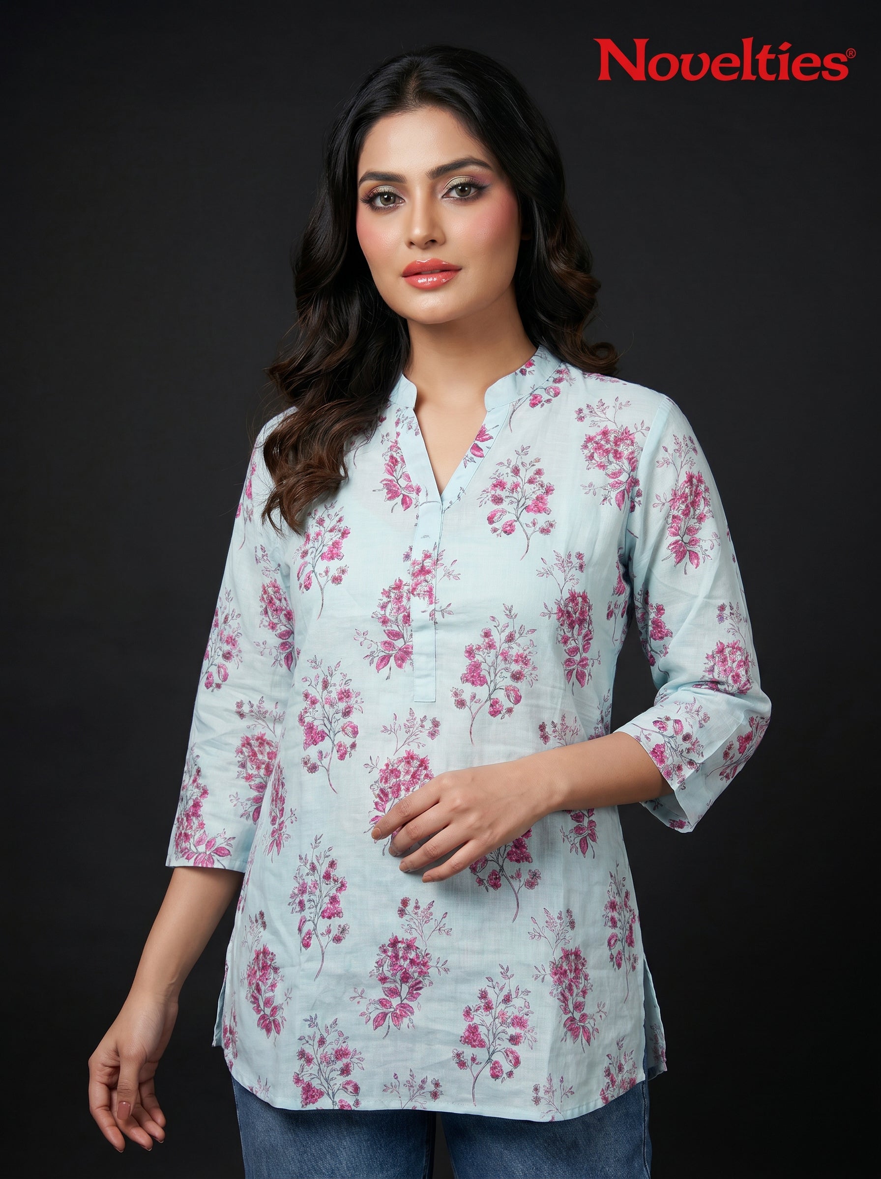 Floral Bouquet Print Mandarin Neck Tunic Top