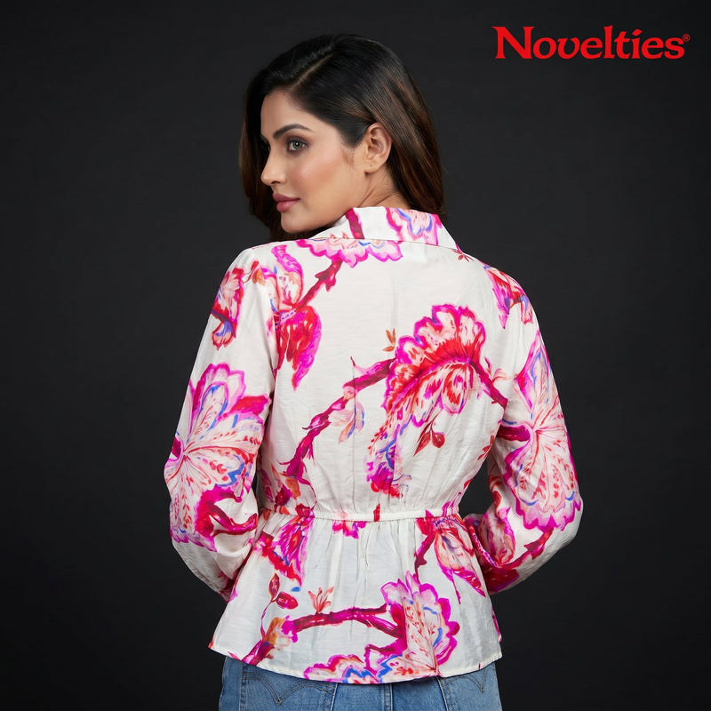 White Floral Print Wrap Top