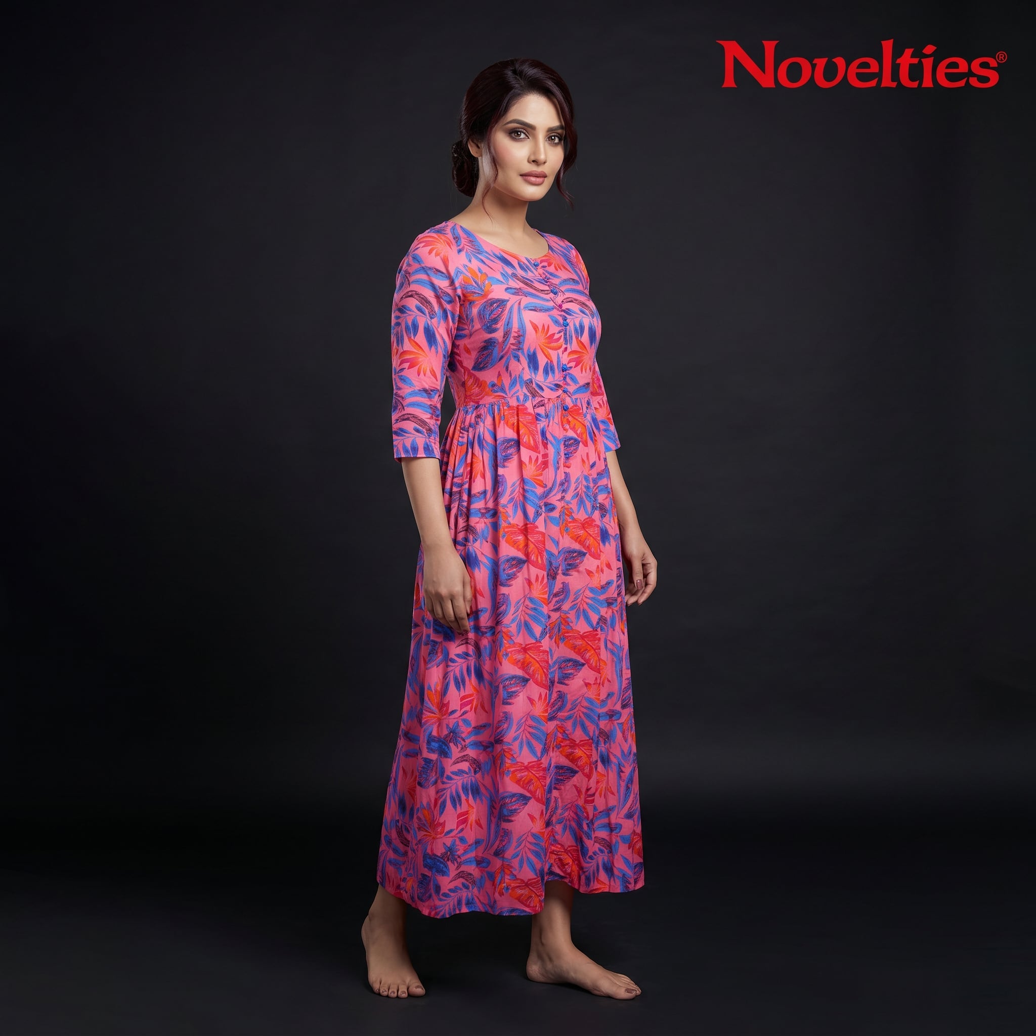 Coral Tropical Leaf Print Maxi Dress