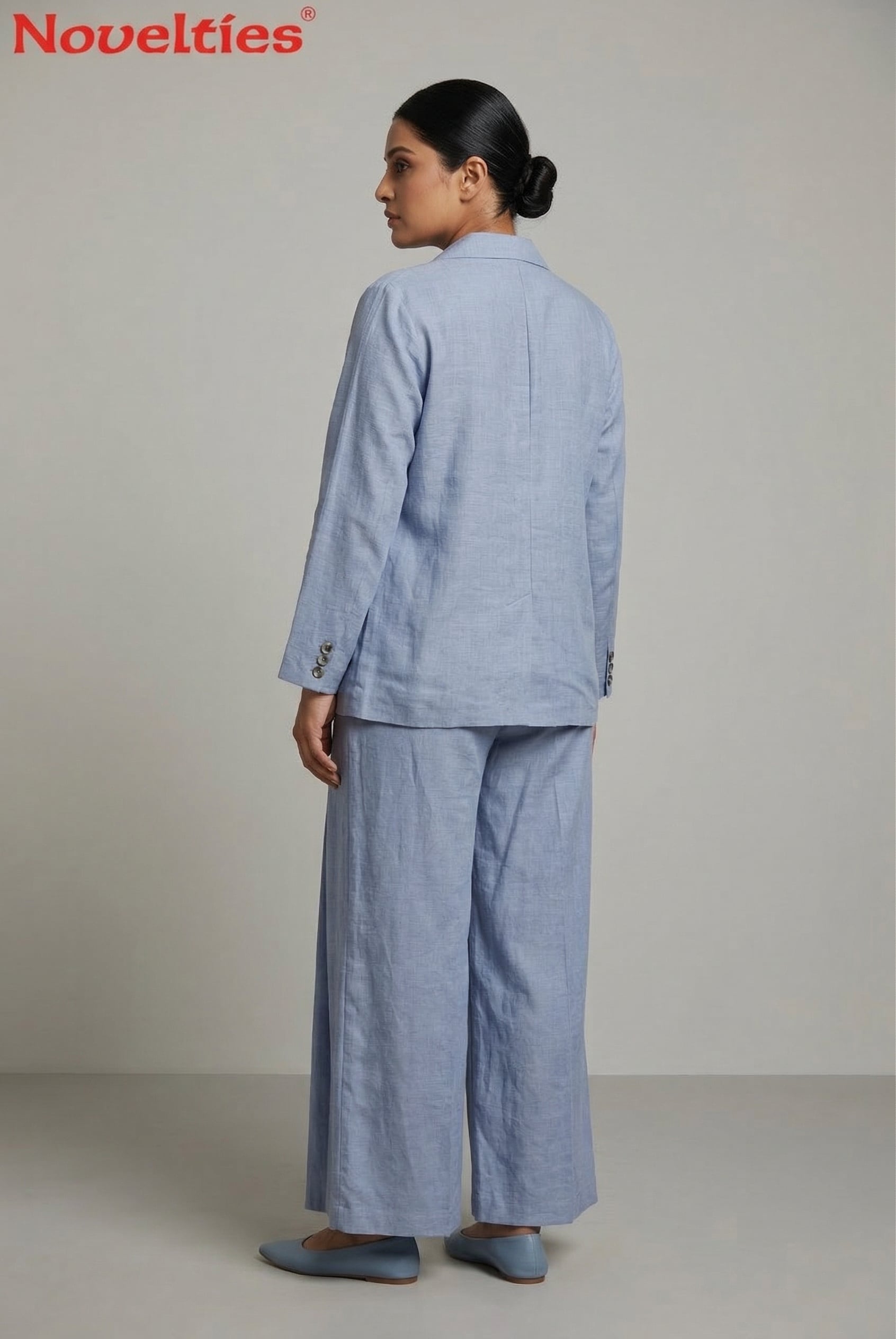 Blue Linen Blazer & Wide-Leg Pant Set