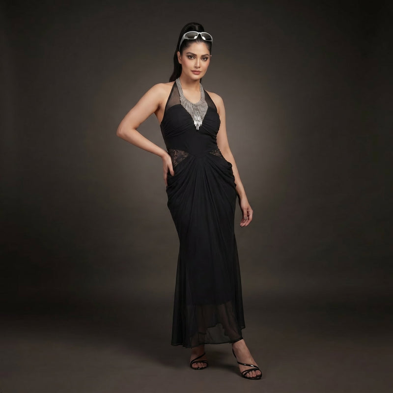 Black Halter Neck Draped Maxi Dress