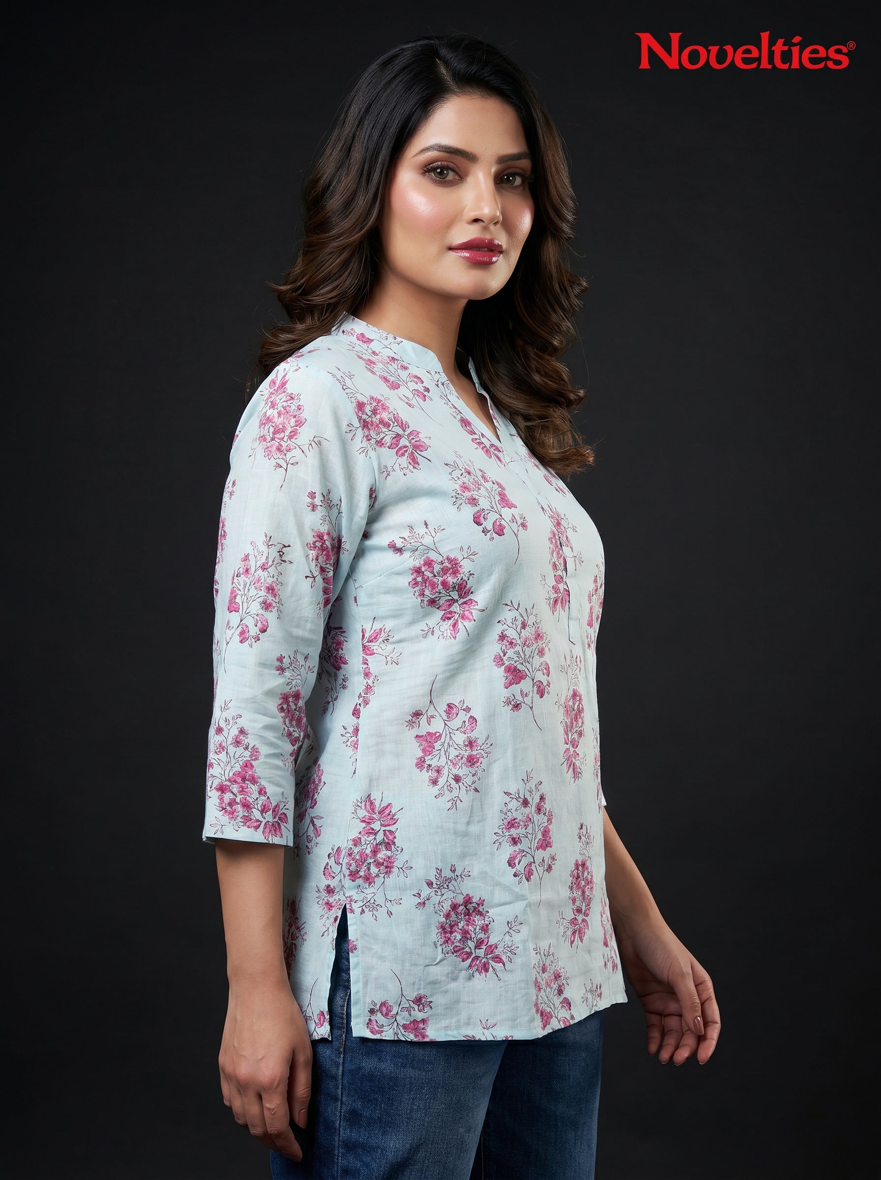 Floral Bouquet Print Mandarin Neck Tunic Top