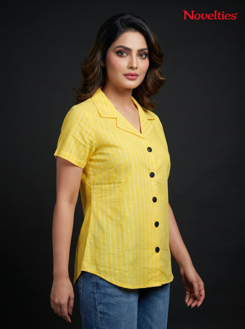 Pinstripe Open Collar Shirt with Dark Buttons