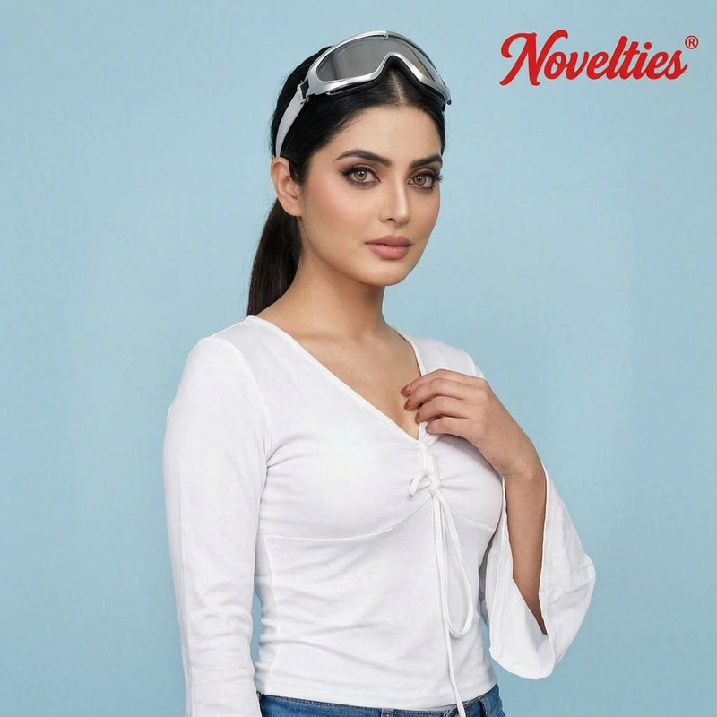 V-Neck Drawstring Ruched Bell Sleeve Crop Top