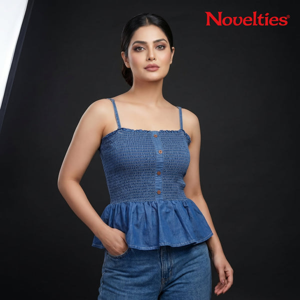Denim Smocked Button-Front Peplum Top