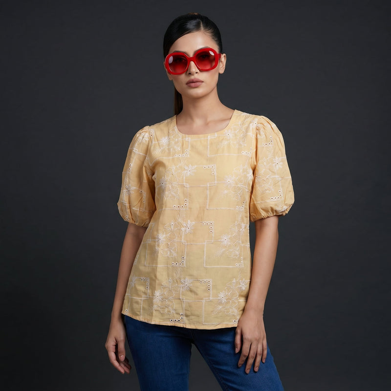 Butter Yellow Schiffli Puff Sleeve Top