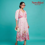 Pink Floral Print Puff Sleeve Button-Down Midi Dress