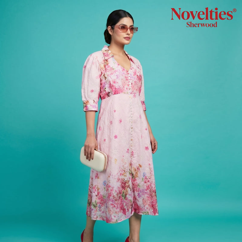 Pink Floral Print Puff Sleeve Button-Down Midi Dress