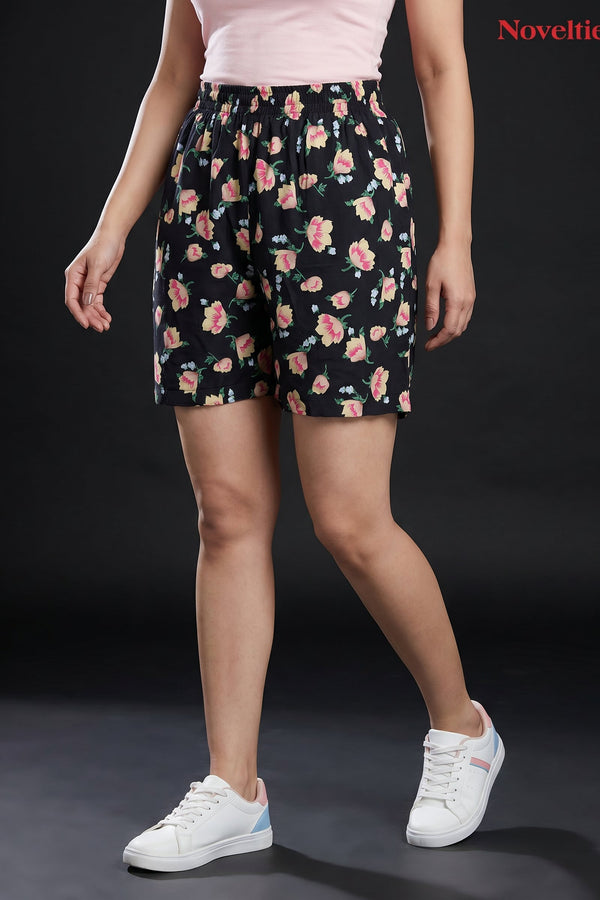 Black Floral Print Shorts