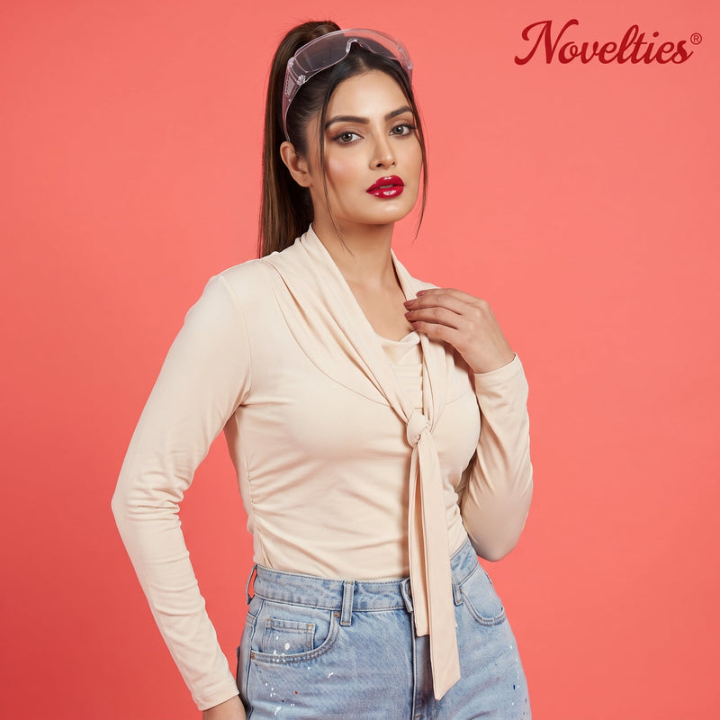 Cream Tie-Front Full Sleeve Crop Top