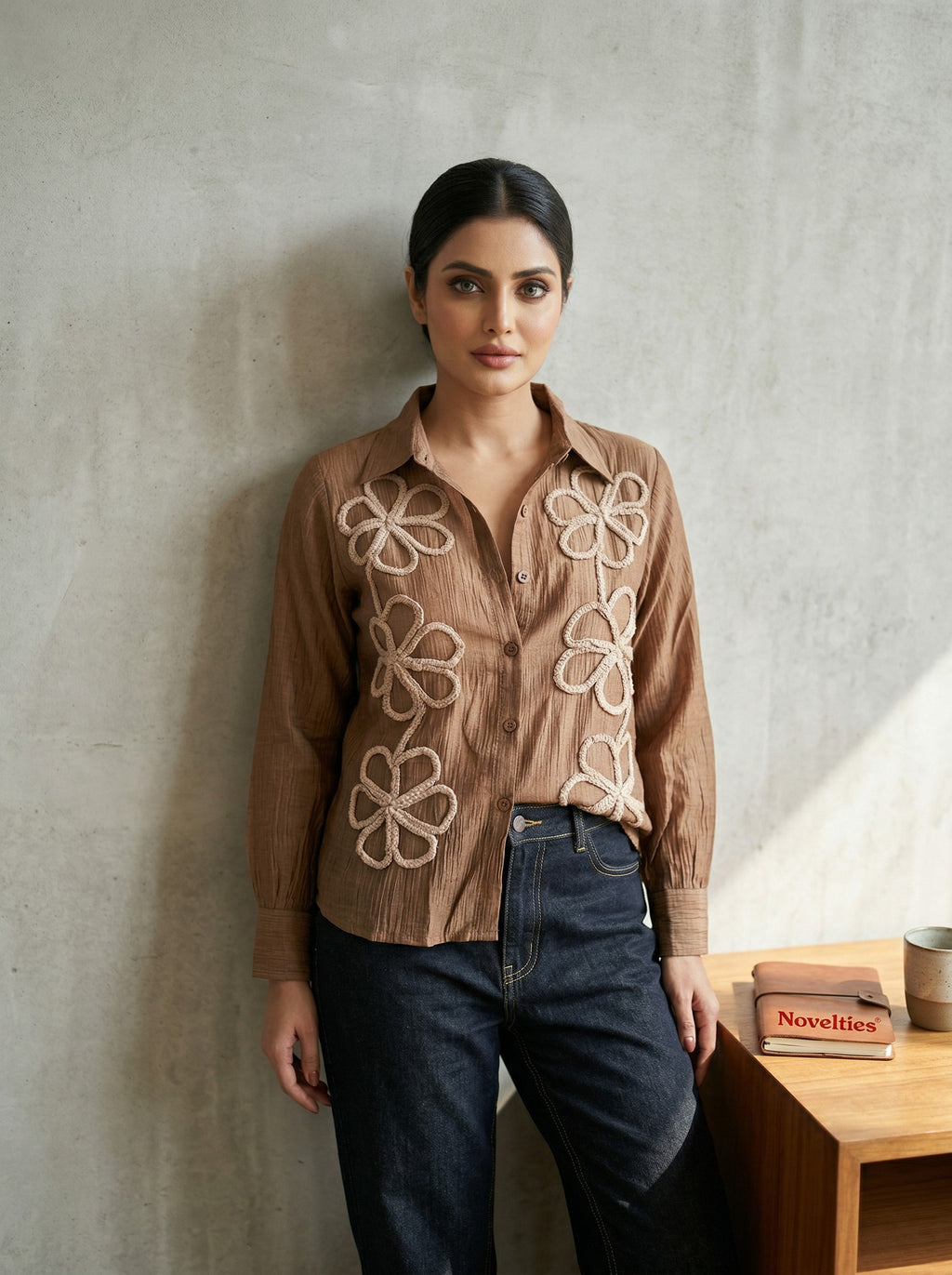 Floral Appliqué Crinkle Shirt