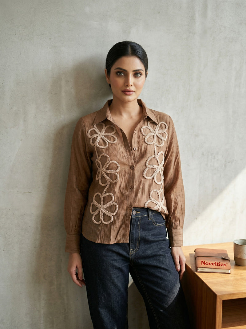 Floral Appliqué Crinkle Shirt