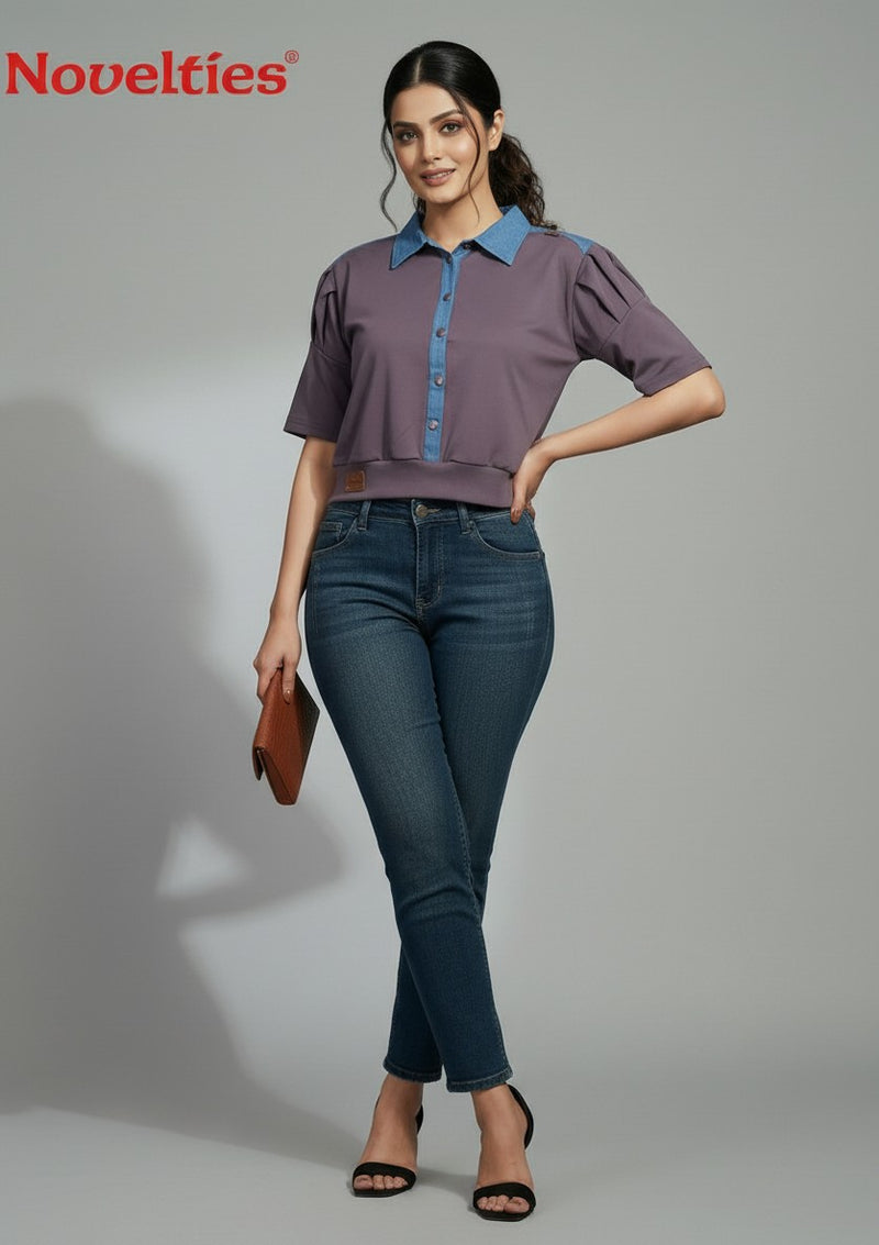Dual-Tone Puff Sleeve Crop Shirt