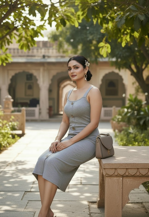 Button-Front Ribbed Dress