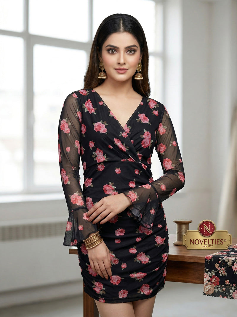 Novelties Black Floral Wrap Mini Dress