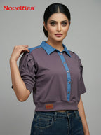 Dual-Tone Puff Sleeve Crop Shirt