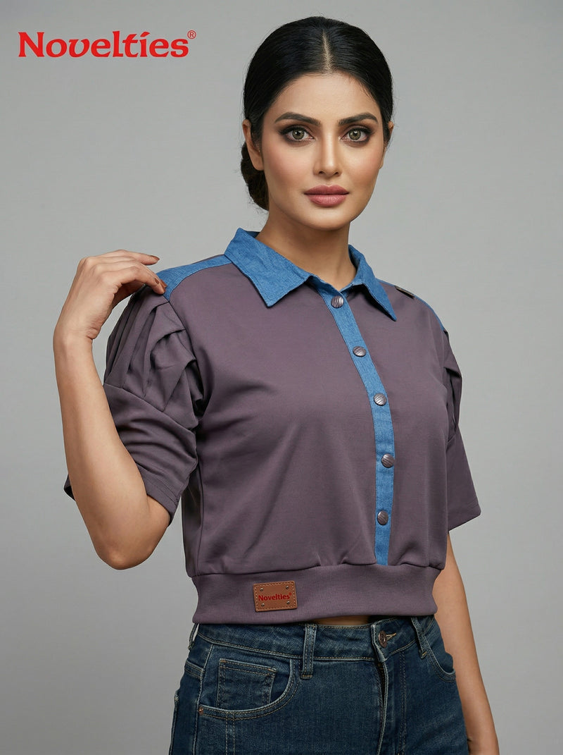 Dual-Tone Puff Sleeve Crop Shirt